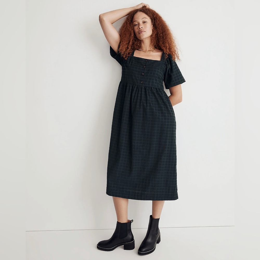 Petite Corduroy Square-Neck Midi Dress in Windowpane